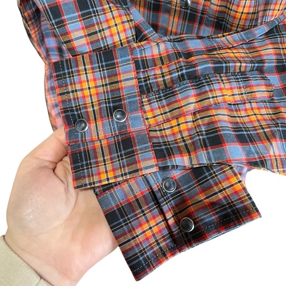 NEW Wrangler Retro Boys Plaid Shirt - Blue and Orange Pearl Snap Buttons - Picture 2 of 12